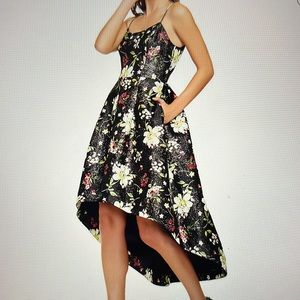 Aidan by Aidan Mattox jacquard high-low dress; color-black multi